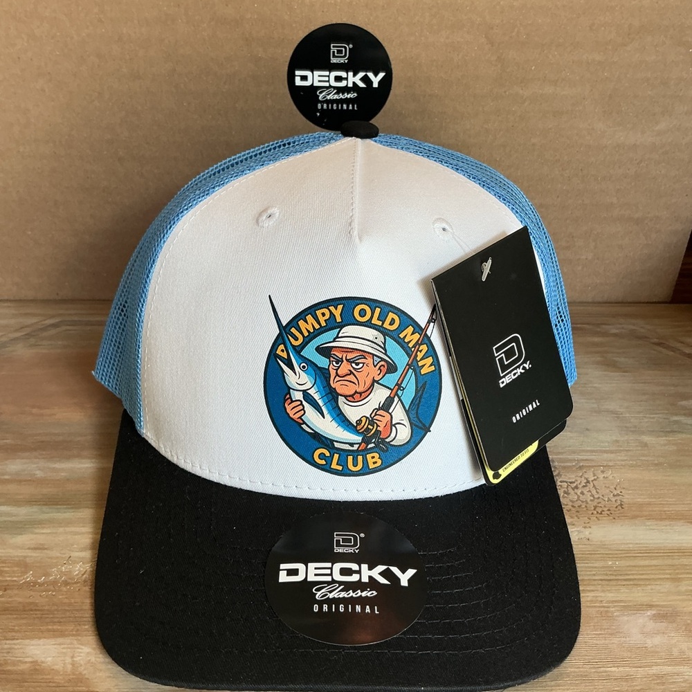 Grumpy Old Man Club Marlin Fisherman Decky Blue and Black Trucker Hat